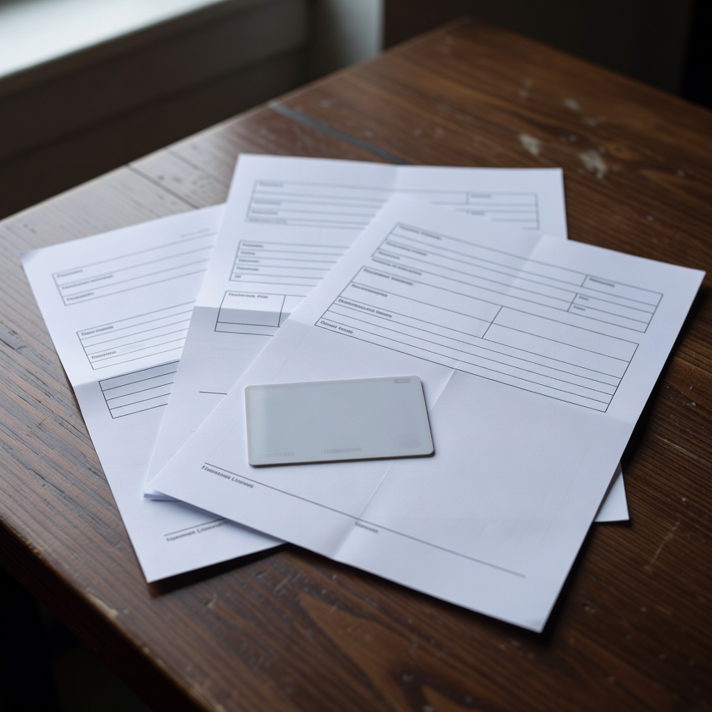 Spread of driving licence, registration, and insurance paperwork on a table