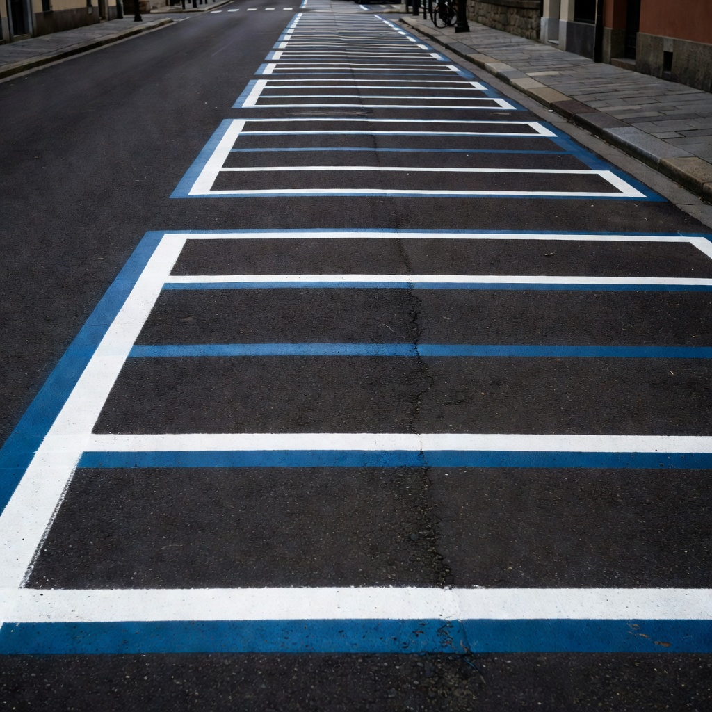A street with blue and white parking lines painted on the tarmac