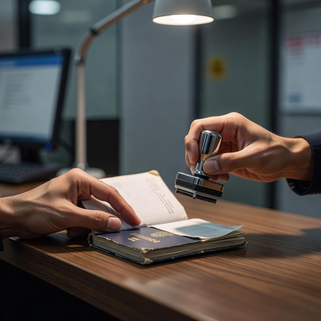 A border official checking and stamping a travel passport